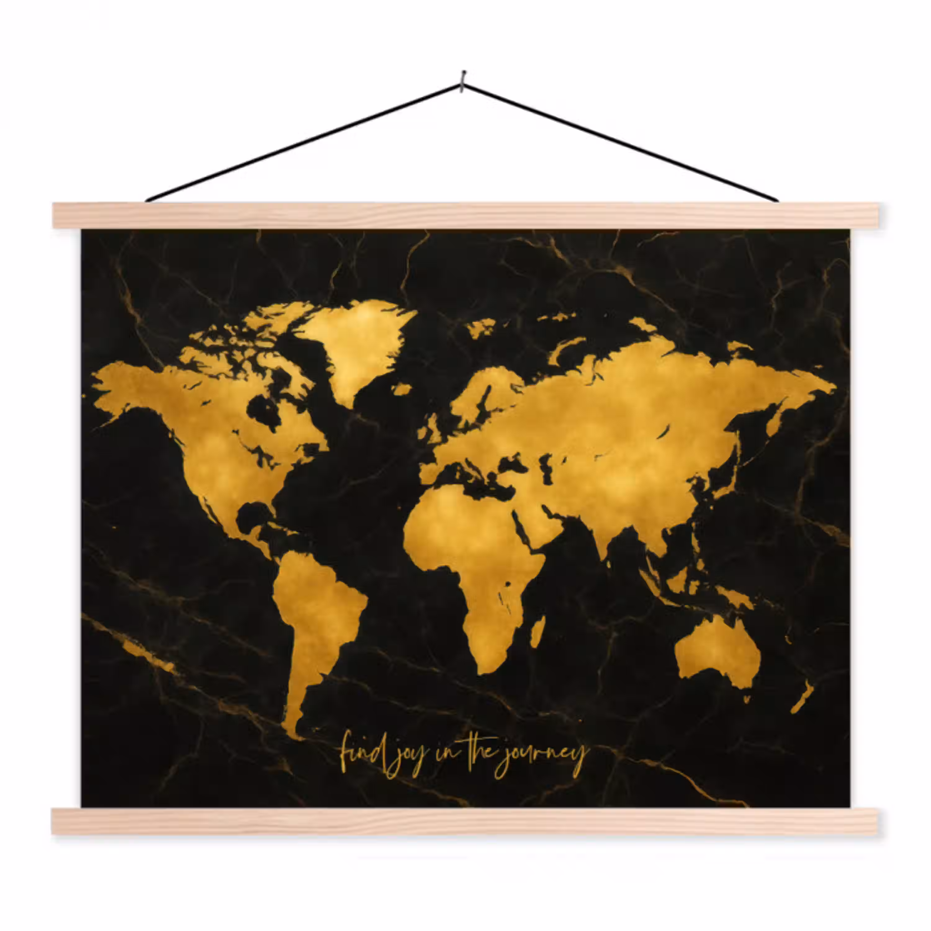 Wereldkaart - Goud - Marmer textielposter latten blank klein -3d