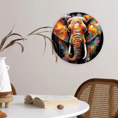 Olifant - Graffiti - Zwart - Dieren - Kleuren Wandcirkel kunststof plaat 5mm dik klein -sfeer4