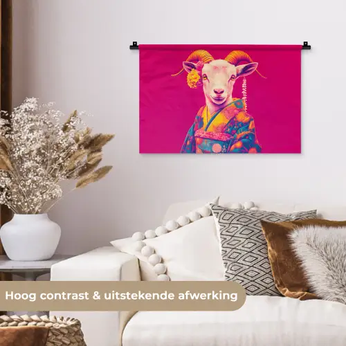 Geit - Hoorns - Kimono - Kleurrijk Wandkleed katoen klein -sfeer1