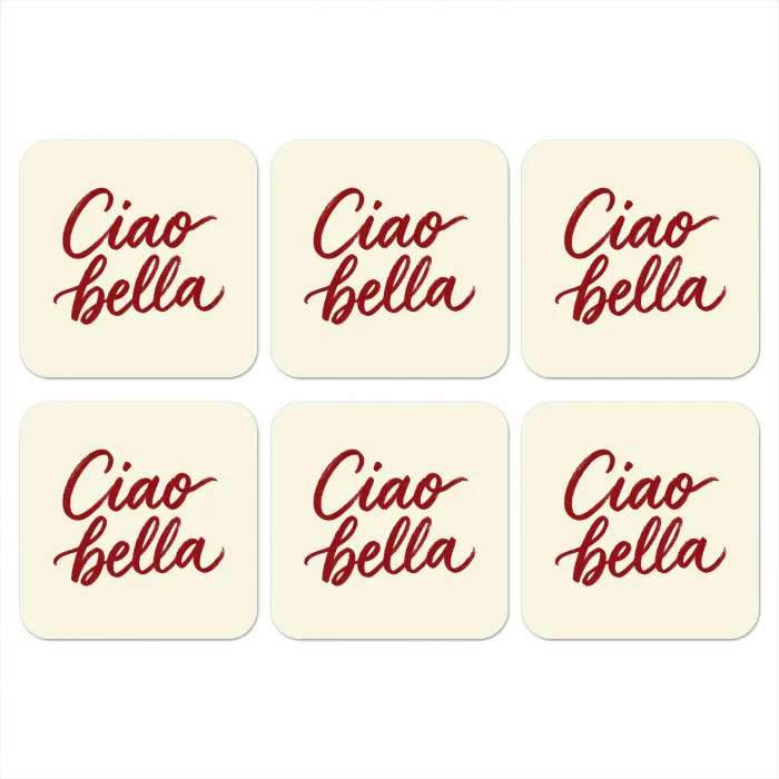 Ciao bella - Rood - Wit - Minimalistisch onderzetter kurk middel -3d