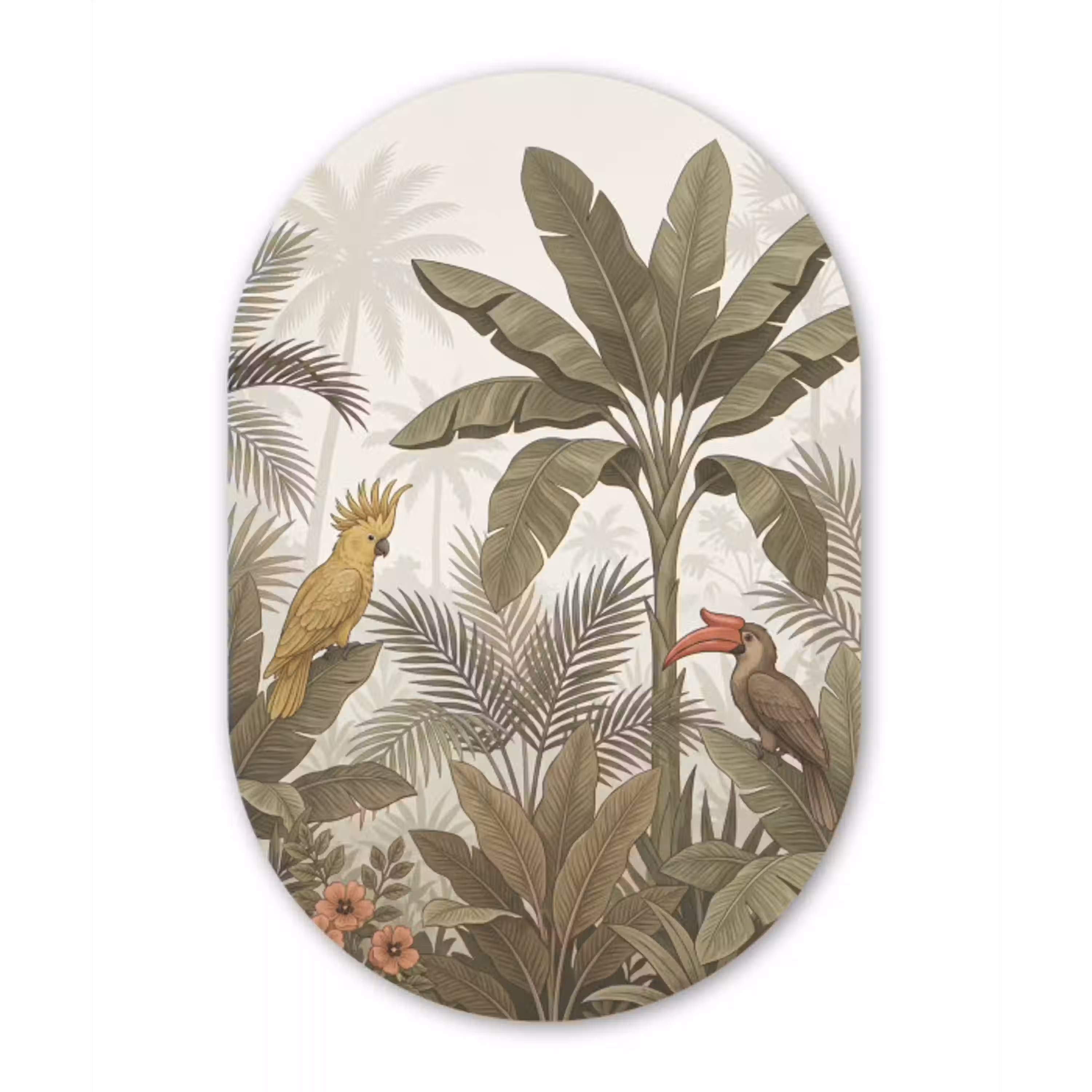 Vogel - Jungle - Tropisch - Illustratie - Groen Wandcirkel Ovaal Aluminium middel -3d