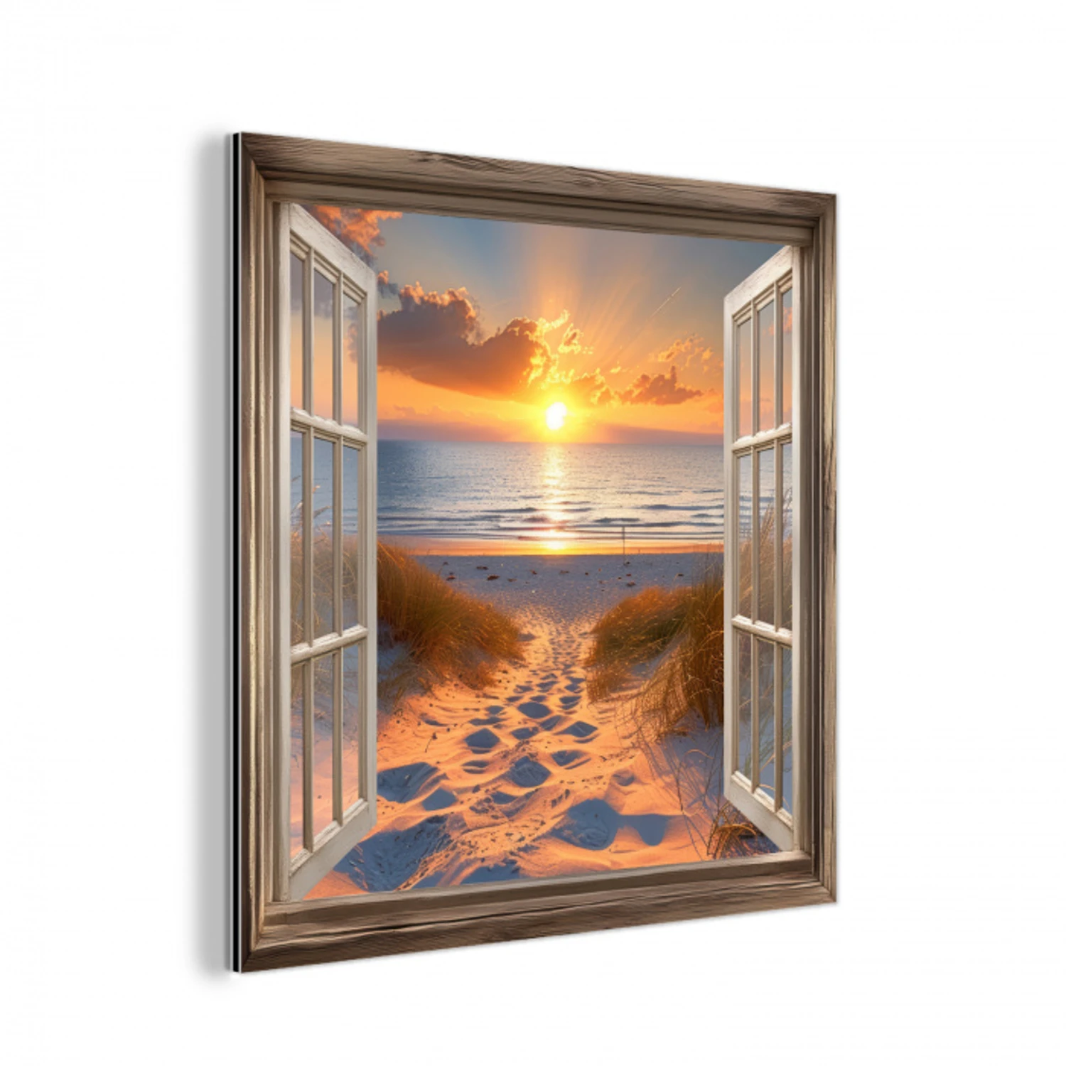 Doorkijk - Strand - Duinen - Zonsondergang aluminium wit klein -3d