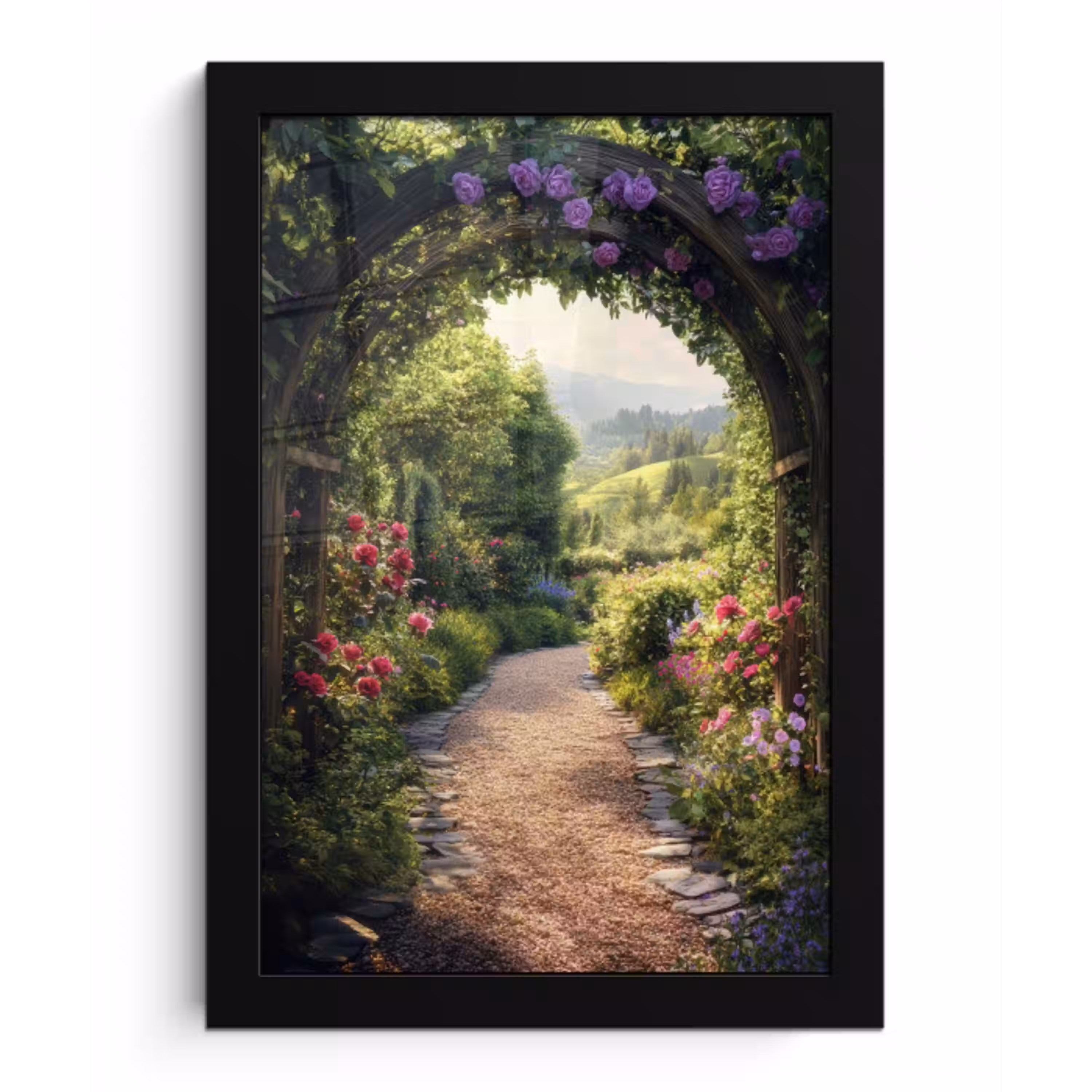 Doorkijk - Landschap - Bloemen - Tuinboog - Natuur fotolijst zwart zonder passe partout klein -3d