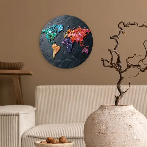 Wereldkaart - Edelstenen - Regenboog - Ruw Wandcirkel kunststof plaat 5mm dik klein -sfeer1