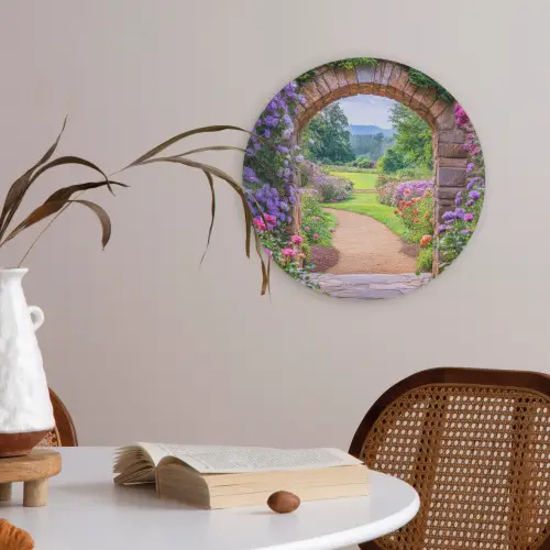 Doorkijk - Poort - Bloemen - Tuin Akoestische PET Vilt - Rond klein -sfeer3