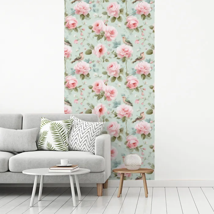 Rozen - Vogels - Pastel - Kleurrijk fotobehang vinyl groot 64 -woonkamer