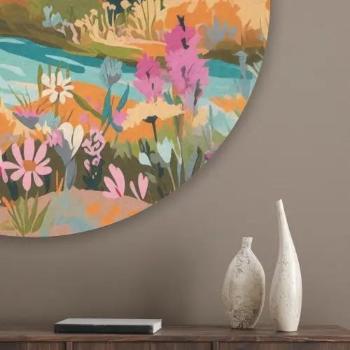 Rivier - Vallei vol bloemen - Levendig Akoestische PET Vilt - Rond klein -sfeer5_closeup