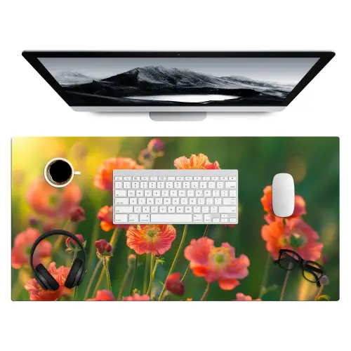 Bloemenveld - Zonnestralen - Oranje Muismat XXL klein -3d