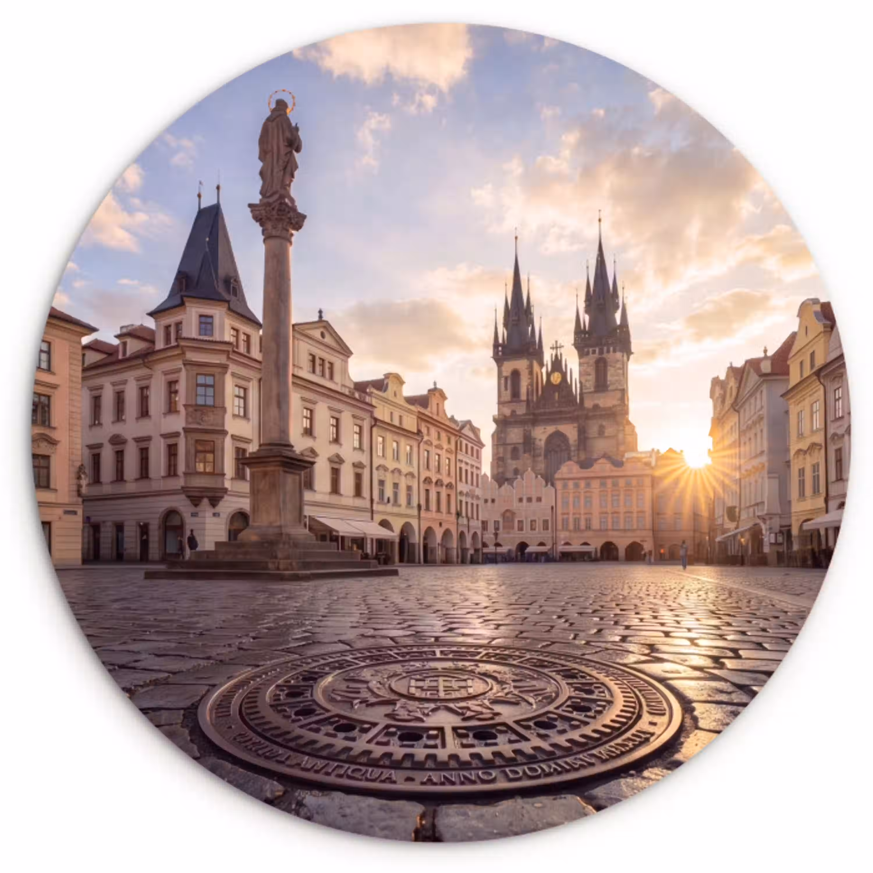 Stad - Praag - Ochtend - Architectuur - Goud Wandcirkel kunststof plaat 5mm dik klein -3d