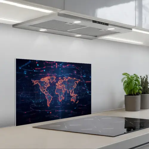 Wereldkaart - Futuristisch - Oranje keuken achterwand spatscherm klein -3d_schuin