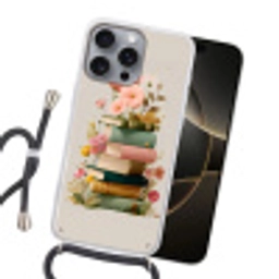 Boeken - Stapel - Bloemen - Kleurrijk Hoesje iPhone 16 Pro Max met koord klein -sfeer1