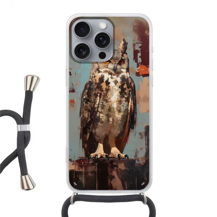 Geschilderd - Abstract - Uil - Bruin Hoesje iPhone 16 Pro Max met koord klein -3d
