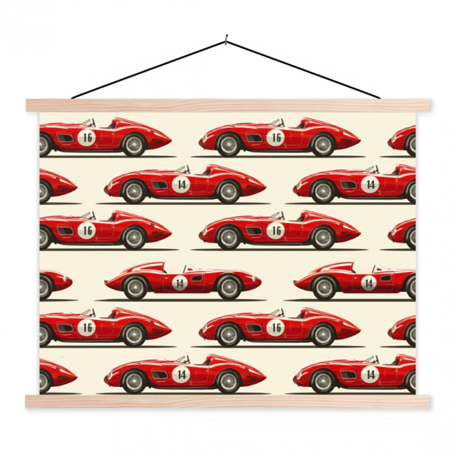 Raceauto - Retro - Rood textielposter latten blank klein 122 -3d