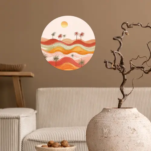 Abstract landschap - Palmbomen - Kleurrijk Wandcirkel behangsticker klein -sfeer1