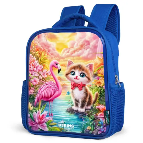 Kitten met flamingo in tropisch bloemenparadijs Kinderrugzak - Blauw middel -schuin