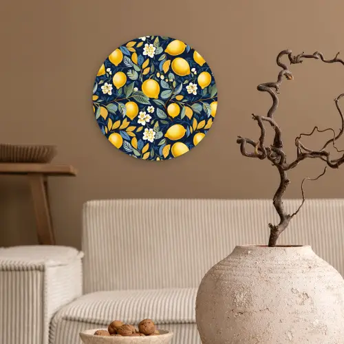 Citroenen - Bloemen - Bladeren - Blauw Wandcirkel plexiglas klein 852 -sfeer1