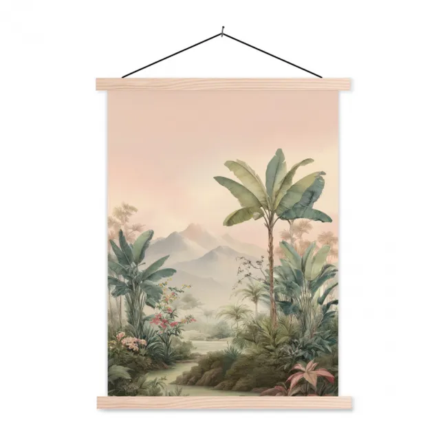 Schoolplaat - Tropisch landschap - palmbomen - Bloemen - Roze lucht