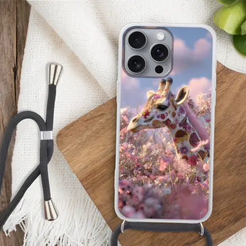 Giraffe - Bloemen - Roze Hoesje iPhone 16 Pro Max met koord klein -sfeer4