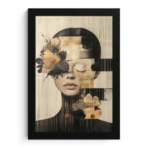 Gezicht - Bloemen - Zwart - Vrouw fotolijst zwart zonder passe partout klein -3d