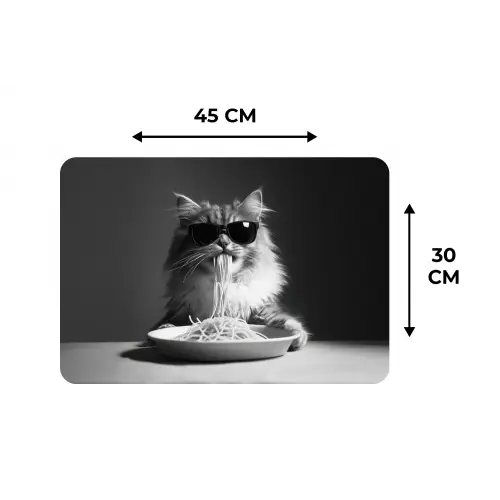 Langharige kat - Zonnebril - Spaghetti - Humor - Zwart - wit Placemat vinyl groot -specs