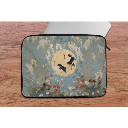 Kraanvogels - Maan - Bloemen - Blauw laptophoes neopreen klein -tafel