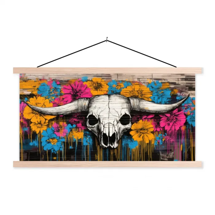 Schedel - Bloemen - Graffiti textielposter latten blank klein -3d