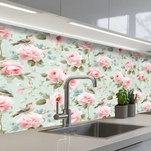 Rozen - Vogels - Pastel - Kleurrijk keuken achterwand 2 middel 871 -3d_schuin