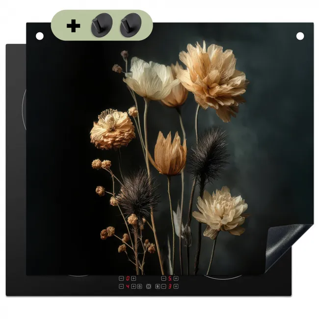 2-in-1 Herdabdeckplatte & Spritzschutz - Blumenstrauß - Blumen - Licht - Schwarz