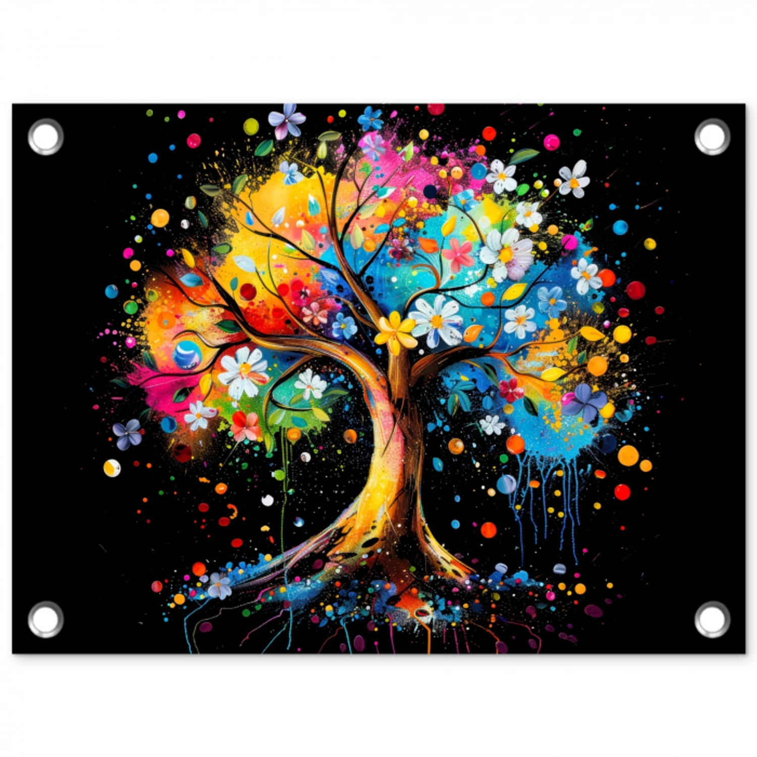 Boom - Kleurrijk - Bloemen - Zwart tuinposter los doek klein -3d