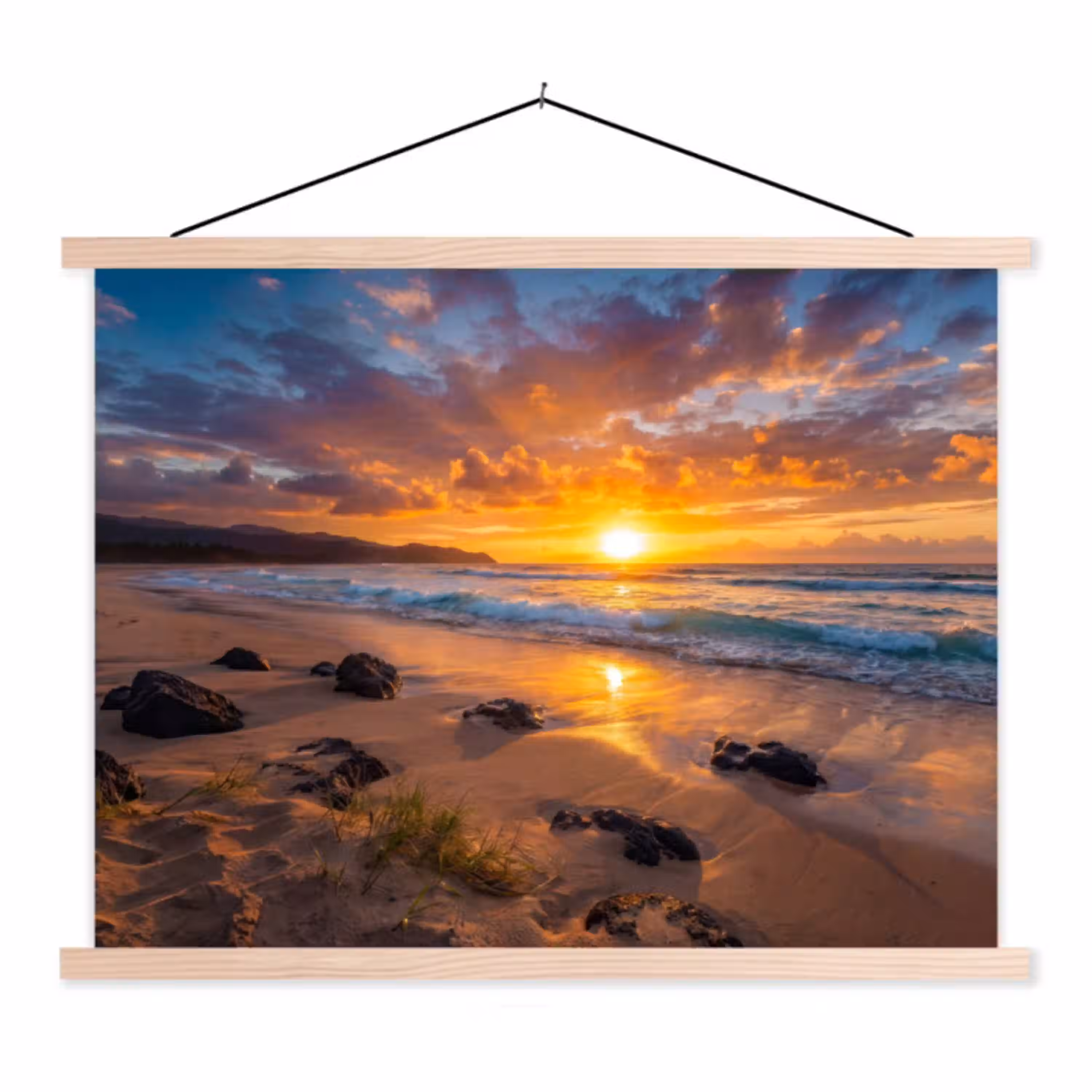 Strand - Zonsondergang - Golven - Natuur - Oranje textielposter latten blank klein -3d