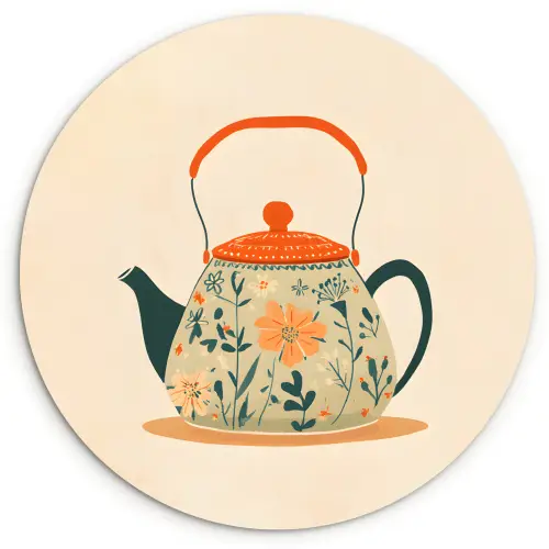 Oranje - Theepot - Bloemen - Bladeren Wandcirkel kunststof plaat 5mm dik klein -3d