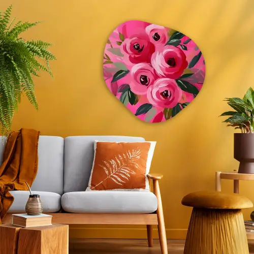 Bloemen - Verf - Roze Wandcirkel Organisch Aluminium middel -sfeer4