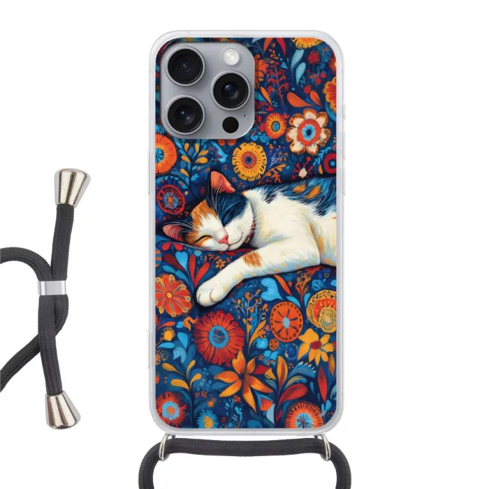 Kat - Bloemenpatroon - Blauw - Oranje Hoesje iPhone 16 Pro Max met koord klein -3d