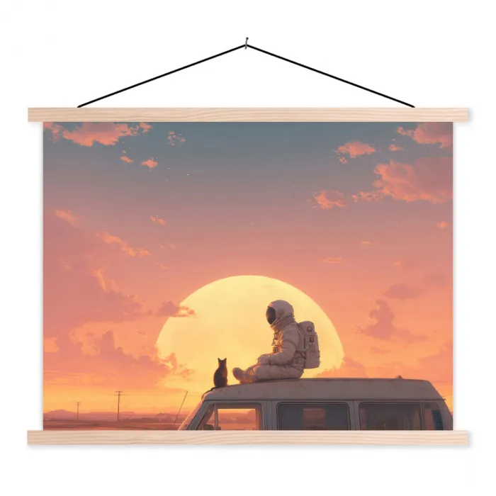 Busje - Kat - Zonsondergang - Oranje textielposter latten blank klein -3d