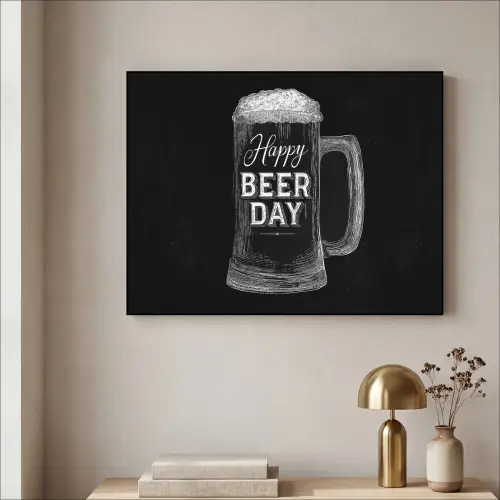 Bierpul - Witte krijtletters - Happy beer day Textielframe zwart klein -sfeer2