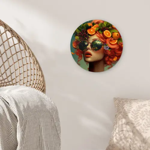 Vrouw - Sinaasappel - Bessen - Oranje Wandcirkel kunststof plaat 5mm dik klein -sfeer5