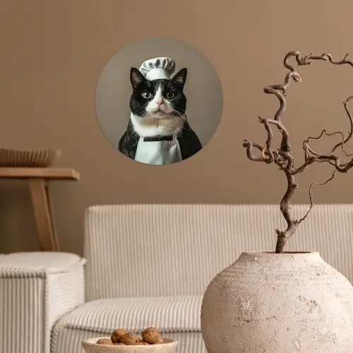 Kat - Kokskleding - Zwart - Wit Wandcirkel behangsticker klein -sfeer1