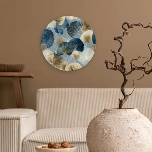 Bladeren - Abstract - Goud - Blauw Wandcirkel kunststof plaat 5mm dik klein -sfeer1