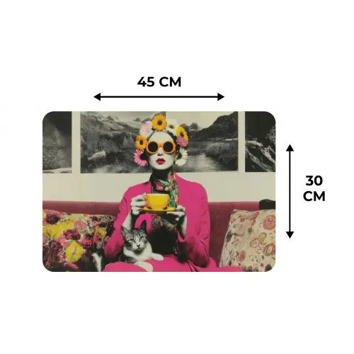 Vrouw - Kat - Bloemen - Kopje - Retro Placemat vinyl groot -specs