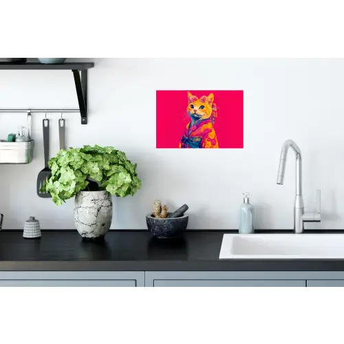 Kat - Kimono - Bloemen - Roze Muursticker klein -keuken