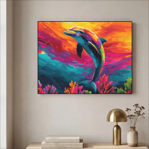 Dolfijn - Kleurrijk - Oceaan - Koraal Textielframe - compleet frame klein -sfeer2