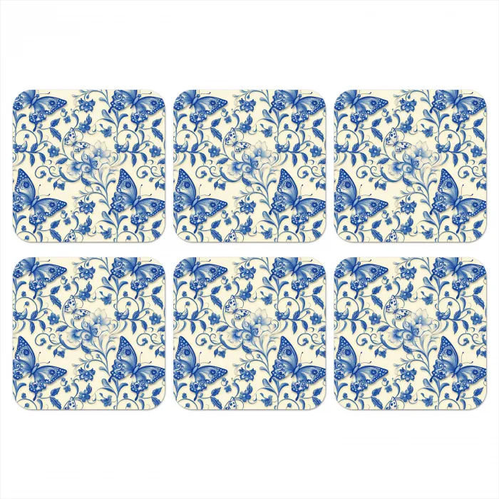 Vlinders - Bloemen - Blauw - Botanisch onderzetter kurk middel 366 -3d