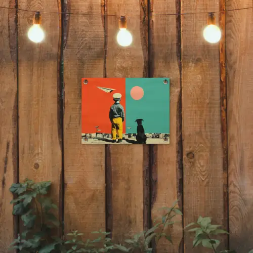 Retro - Jongen - Hond - Rood - Groen tuinposter los doek klein -sfeer1