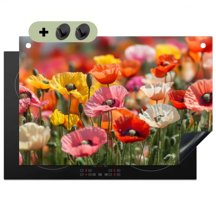 Bloemenveld - Klaprozen - Kleurrijk Inductie beschemer met haakjes klein -3d