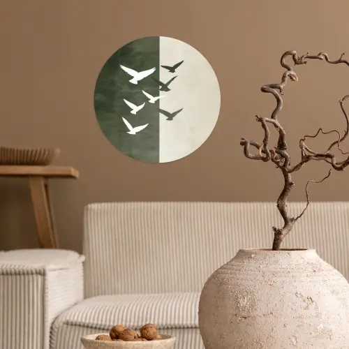 Japandi - Vogel - Groen Wandcirkel behangsticker klein -sfeer1