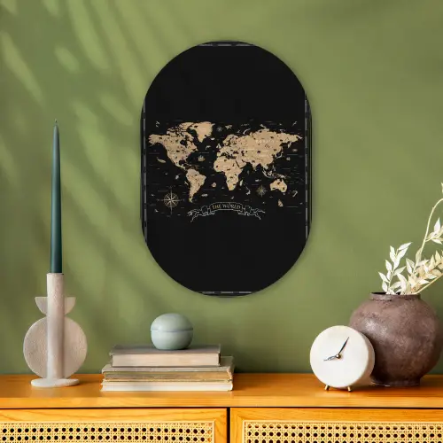 Wereldkaart - Beige - Zwart Wandcirkel Ovaal Forex klein -sfeer2