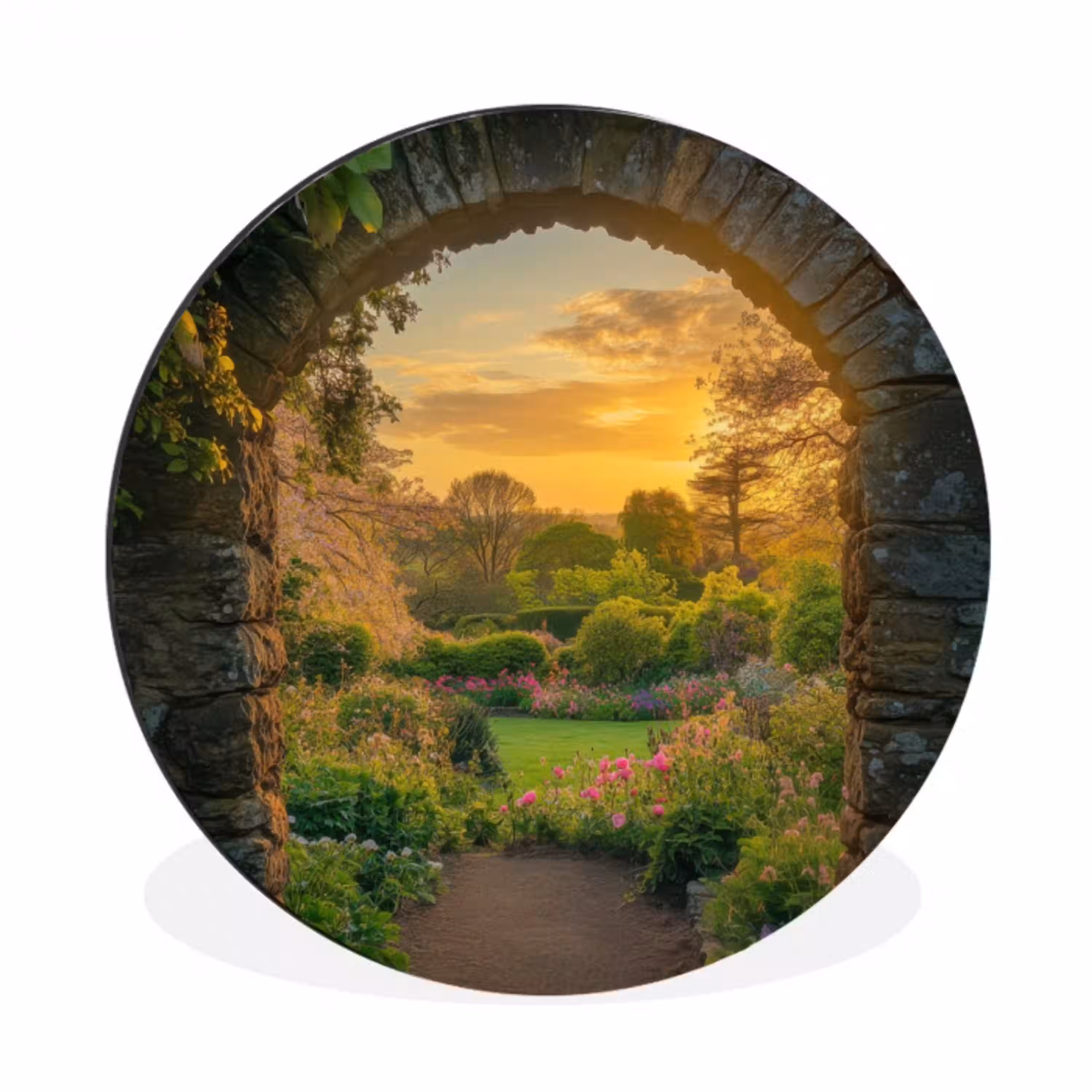 Poort - Planten - Zonsondergang Wandcirkel aluminium klein -3d