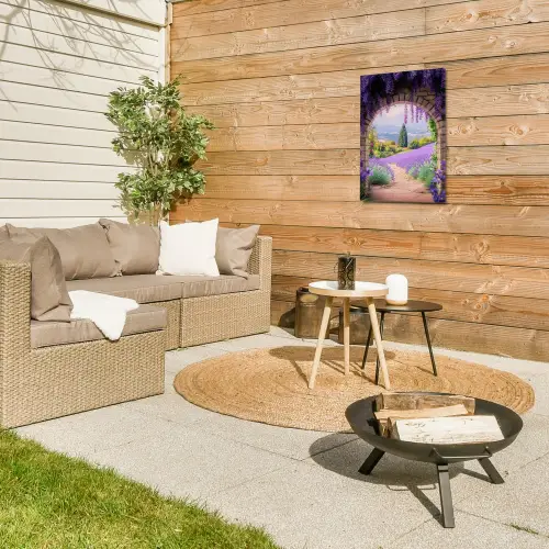 Doorkijk - Lavendel - Bloemen - Paars - Poort Tuinposter op houten frame 2 cm dik klein -sfeer2