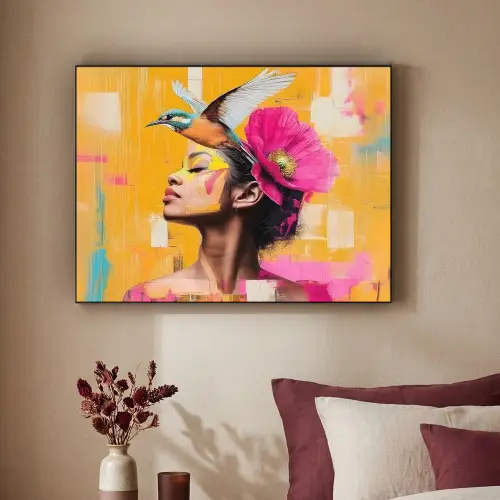 Vogel - Vrouw - Abstract - Bloem Textielframe zwart klein -sfeer1