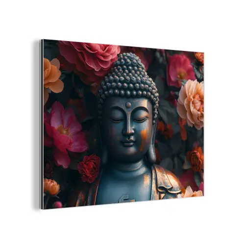 Boeddha - Bloemen - Buddha - Beeld - Kunst aluminium wit klein -3d